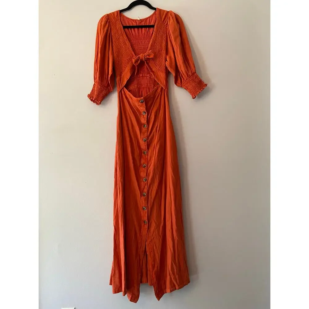 Free People Red Orange String of Hearts Button Down Puff Sleeve Maxi Dress Small